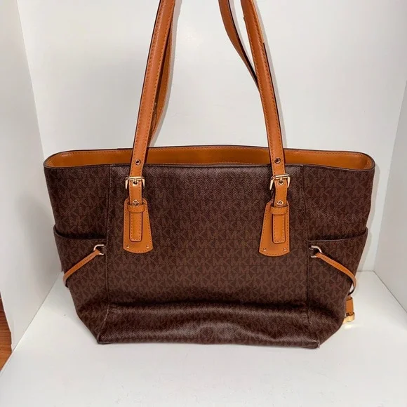 Michael Kors Women's Tote Bag Brown MK Logo Leather Trim Large - Picture 15 of 16
